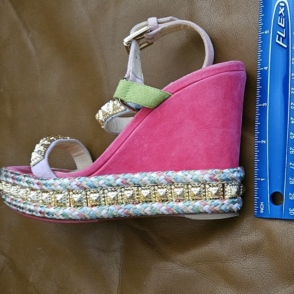 Christian Louboutin Pyraclou Suede Multicolor Gold Accent Wedges Sz 4 US - Picture 14 of 15